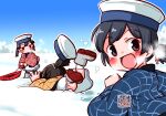  3girls black_hair blue_shawl blush brown_eyes daitou_(kancolle) dress hat hiburi_(kancolle) kantai_collection kutone_shirika looking_at_viewer looking_back multiple_girls open_mouth outdoors ponytail red_shawl sailor_dress sailor_hat scarf shawl shounan_(kancolle) sled smile snow solid_eyes steam yellow_shawl 