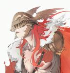  1girl agaver123 breasts cape collarbone covered_eyes elden_ring fur_trim gold_armor helmet helmet_over_eyes highres long_hair malenia_blade_of_miquella medium_breasts missing_limb nipples red_cape red_hair simple_background solo torn_clothes winged_helmet 
