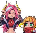  2girls ;d annie_(league_of_legends) bangs black_jacket blonde_hair breasts green_eyes grey_hair grin hands_up horns index_finger_raised jacket league_of_legends looking_at_another lunar_beast_annie lunar_beast_miss_fortune medium_breasts miss_fortune_(league_of_legends) mole mole_under_eye multicolored_hair multiple_girls navel official_alternate_costume one_eye_closed open_clothes open_jacket phantom_ix_row pink_hair red_hair red_scarf scarf simple_background smile stomach streaked_hair teeth upper_body white_background 