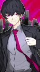  1boy absurdres adjusting_clothes bangs black_jacket building collared_shirt crossed_bangs english_commentary grey_shirt hair_between_eyes highres hizaki_gamma_(artist) jacket looking_at_viewer male_focus mixed-language_commentary necktie open_clothes open_jacket original outline pink_eyes pink_necktie pink_sky shirt short_hair smile solo upper_body white_outline 