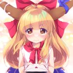  1girl bangs blonde_hair blue_bow blue_skirt blush bow brown_eyes brown_horns closed_mouth commentary_request commission confession enjoy_mix flat_chest hair_bow heart highres holding holding_letter horn_bow horn_ornament horns ibuki_suika incoming_gift letter long_hair looking_at_viewer red_bow red_scarf scarf shirt sidelocks skeb_commission skirt sleeveless sleeveless_shirt solo touhou upper_body v-shaped_eyebrows very_long_hair wavy_mouth white_shirt wrist_cuffs 