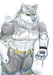  abs anthro belt biceps black_and_white_fur bottomwear clothing dripping green_eyes hamp0ham hi_res lifewonders live_a_hero male monomasa muscular muscular_anthro muscular_male pants pecs red_sclera shirtless simple_background slime solo white_background 