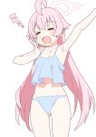  1girl ahoge armpits blue_archive camisole closed_eyes cowboy_shot drooling erubesuto fang groin hoshino_(blue_archive) long_hair navel open_mouth panties pink_hair simple_background solo stretching tears underwear underwear_only very_long_hair white_background yawning 