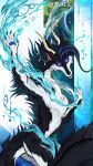  abstract_background anthro aquatic_dragon asian_mythology black_body blue_body canid canine canis claws dragon east_asian_mythology eastern_dragon female fluffy fox fur hairy hi_res horn hybrid hynvale jewelry kaikirith looking_at_viewer magic mammal marine mythology nude paws pinup pose solo water white_body wolf yellow_eyes 