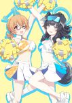 2girls ahoge animal_ears bare_shoulders black_hair blonde_hair blue_archive blush braid breasts cheering cheerleader crop_top dog_ears dog_girl dog_tail erubesuto eyewear_on_head glasses goggles goggles_on_head halo hibiki_(blue_archive) hibiki_(cheerleader)_(blue_archive) highres holding holding_pom_poms kotori_(blue_archive) kotori_(cheerleader)_(blue_archive) large_breasts looking_at_viewer midriff miniskirt multiple_girls navel official_alternate_costume open_mouth pleated_skirt pom_pom_(cheerleading) ponytail purple_eyes red_eyes shirt shoes skirt sleeveless sleeveless_shirt smile sneakers star_sticker sticker_on_face sunglasses tail text_print white_footwear white_skirt yellow_background yellow_halo 