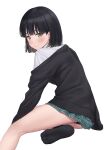  1girl bangs black_footwear black_hair blush closed_mouth green_eyes highres looking_at_viewer looking_to_the_side mikazuchi_zeus original plaid plaid_skirt pleated_skirt short_hair simple_background sitting skirt soles solo thighs white_background yokozuwari 