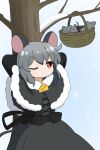  1girl animal_ears arms_behind_head bangs bare_tree basket black_capelet black_dress capelet cheese dress food grey_hair highres looking_at_viewer mouse mouse_ears mouse_girl nazrin one_eye_closed outdoors red_eyes rizleting short_hair snow standing touhou tree 