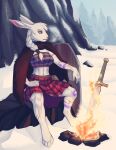  2023 4_toes 5_fingers abs anthro breasts day detailed_background digital_media_(artwork) eyebrows eyelashes feet female fingers fire hi_res lagomorph leporid mammal melee_weapon midriff navel necroizu outside purple_eyes rabbit sky solo sword toes weapon 
