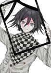  1boy absurdres bangs black_hair blood blood_on_face buttons checkered_clothes checkered_scarf commentary_request danganronpa_(series) danganronpa_v3:_killing_harmony double-breasted grey_background grey_jacket hair_between_eyes highres holding holding_frame iei jacket long_sleeves male_focus ouma_kokichi pink_blood scarf simple_background solo upper_body wa_noko 