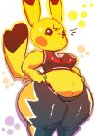  anthro big_breasts black_eyes bottomwear bra breasts camel_toe clothing cosplay_pikachu_(character) cosplay_pikachu_(costume) dipstick_ears dipstick_tail female frown generation_1_pokemon hi_res huge_hips huge_thighs kiseff markings midriff multicolored_ears nintendo nipple_outline pants pikachu pikachu_libre pokemon pokemon_(species) slightly_chubby solo sports_bra tail tail_markings thick_thighs topwear underwear wide_hips yellow_body 
