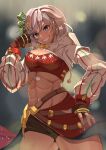  1girl abs bandeau bangs black_gloves black_shorts breasts cape cleavage clenched_hand commentary_request cowboy_shot crop_top dark-skinned_female dark_skin drawstring earrings fingerless_gloves fiorito_(granblue_fantasy) gloves granblue_fantasy grey_hair grin groin hair_between_eyes hair_ornament hair_ribbon hand_up highres hood hood_down hooded_jacket jacket jewelry long_sleeves looking_at_viewer medium_breasts midriff muscular muscular_female navel official_alternate_costume red_bandeau red_cape ribbon rizzy short_hair short_shorts shorts shrug_(clothing) sidelocks smile snowflake_hair_ornament solo standing standing_on_one_leg teeth waist_cape white_jacket 