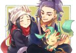  1boy 1girl adaman_(pokemon) akari_(pokemon) bangs black_hair black_sash blue_coat brown_eyes closed_eyes closed_mouth coat collar collarbone commentary_request earrings eyebrow_cut grey_jacket head_scarf headpat highres jacket jewelry leafeon minatoya_ringo pokemon pokemon_(creature) pokemon_(game) pokemon_legends:_arceus ponytail raised_eyebrows red_scarf sash scarf sidelocks signature smile smirk white_headwear 