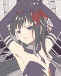  1girl akemi_homura akuma_homura armpits arms_up black_collar black_dress black_hair bow collar commentary_request dress flat_chest fur_collar hair_bow highres looking_at_viewer mahou_shoujo_madoka_magica mahou_shoujo_madoka_magica:_hangyaku_no_monogatari parted_lips purple_eyes red_bow smile solo taku_hanamiyap upper_body wings 