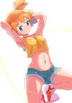  1girl armpits arms_behind_head bangs blue_eyes blush breasts cleavage closed_mouth commentary_request cropped_shirt eyelashes green_shorts looking_at_viewer masamu_(leonore69) midriff misty_(pokemon) navel one_side_up orange_hair pokemon pokemon_(anime) pokemon_(classic_anime) shirt shoes short_shorts shorts sleeveless sleeveless_shirt smile sneakers solo split_mouth squatting white_background white_footwear yellow_shirt 