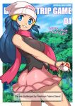  1girl bangs bare_arms bare_shoulders beanie black_hair blue_eyes blue_hair bracelet breasts cowboy_shot dawn_(pokemon) day dress from_side hair_ornament hat holding holding_poke_ball jewelry large_breasts long_hair looking_at_viewer outdoors pink_dress pink_scarf poke_ball pokemon pokemon_(game) pokemon_dppt redjet scarf shiny_clothes skirt smile teeth tree white_headwear 