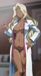  1girl black_panties blonde_hair blurry blurry_background breasts code_geass collarbone commentary_request dark-skinned_female dark_skin fingernails green_eyes highres holding holding_smoking_pipe indian kaname_aomame kiseru labcoat large_breasts lips long_hair long_sleeves looking_at_viewer nail_polish navel open_clothes open_shirt panties rakshata_chawla red_nails red_shirt shirt smoking_pipe solo standing underwear 