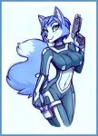  2023 absurd_res anthro blue_body blue_fur blue_hair bodysuit breasts canid canine clothing dipstick_tail eyebrows eyelashes female fluffy fluffy_tail fox fur green_eyes guide_lines gun hair hi_res inner_ear_fluff krystal looking_at_viewer mammal markings naaraskettu navel nintendo pose ranged_weapon short_hair skinsuit smile solo star_fox tail tail_markings tight_clothing tuft weapon white_body white_fur 