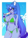  absurd_res anthro bikini blue_hair breasts cleavage clothed clothing crotch_lines crotch_tuft curvy_figure dobrota female food food_fetish front-tie_bikini green_bikini green_clothing green_swimwear hair hi_res holding_food holding_object holding_popsicle hourglass_figure long_hair mammal micro_bikini navel nipple_outline ponytail popsicle popsicle_melting procyonid raccoon shalt_ambroise_(taorusama) side-tie_bikini side_boob simple_background skimpy skimpy_bikini solo standing string_bikini suggestive suggestive_food swimwear tongue tongue_out tuft under_boob 