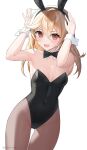  1girl @_@ absurdres animal_ears arms_up bangs black_bow black_bowtie black_pantyhose blonde_hair blush bow bowtie breasts collarbone covered_navel cuff_links detached_collar fake_animal_ears fang girls&#039;_frontline hair_between_eyes highres long_hair looking_at_viewer nagant_revolver_(girls&#039;_frontline) open_mouth pantyhose playboy_bunny rabbit_ears red_eyes rynzfrancis simple_background skin_fang small_breasts smile solo twitter_username white_background 