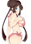  1girl alternate_breast_size bikini blue_eyes breasts brown_hair double_bun hair_bun highres large_breasts looking_at_viewer pink_bikini pokemon pokemon_(game) pokemon_bw2 rosa_(pokemon) simple_background solo swimsuit tottotonero twintails white_background 