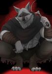  2023 5_fingers abs ankle_wraps anthro arm_wraps black_claws black_cloak black_clothing black_nose bottomwear canid canine canis claws cloak clothing crouching death_(puss_in_boots) digital_media_(artwork) dual_wielding fangs fingers fur grey_body grey_fur hi_res holding_object holding_weapon hood hooded_cloak ioenami88 licking licking_lips looking_at_viewer male mammal multicolored_body multicolored_fur muscular muscular_anthro muscular_male pants red_eyes serratus sharp_teeth sickle simple_background solo sparkles tail teeth tongue tongue_out two_tone_body two_tone_fur weapon wolf wraps 