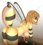  absurd_res anthro arthropod bee bent_over big_breasts blush breasts bumble_bee_(species) butt digital_media_(artwork) digitalartist eyewear female female_bee food glasses hi_res honey_(food) hymenopteran insect nipples simple_background solo stinger stinger_tail stripes wings 