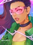  1girl absurdres black_choker black_hair braid choker earrings green_jacket highres hoop_earrings jacket jewelry laura_matsuda looking_at_viewer parted_lips quasimodox street_fighter street_fighter_v sunglasses tinted_eyewear 