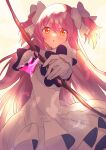  1girl aiming aiming_at_viewer arrow_(projectile) blush bow bow_(weapon) commentary_request dress facing_viewer feathers gloves hair_bow highres kaname_madoka long_hair mahou_shoujo_madoka_magica open_mouth pink_hair short_sleeves solo sparkle suna_(hanahanaamika) two_side_up ultimate_madoka upper_body weapon white_bow white_dress white_feathers white_gloves wide_sleeves yellow_eyes 