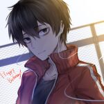 1boy bags_under_eyes black_eyes black_hair blurry blurry_background chain-link_fence closed_mouth collarbone collared_jacket earphones english_text fence hair_between_eyes happy_birthday highres jacket kagerou_project kisaragi_shintarou looking_to_the_side male_focus mekakucity_actors outdoors pandalove59 popped_collar red_jacket short_hair solo upper_body 