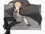  1boy ascot black_ascot black_gloves black_jacket black_pants blonde_hair blue_eyes brooch character_name collared_shirt fate/grand_order fate_(series) feet_out_of_frame floating_clothes gloves grey_vest hair_between_eyes highres house jacket jacket_on_shoulders jekyll_and_hyde_(fate) jewelry looking_to_the_side male_focus outside_border pants shirt short_hair sitting smile solo vegg vest white_shirt 