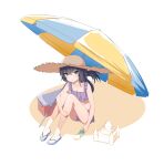  1girl :o absurdres alternate_costume alternate_hairstyle bags_under_eyes bangs bare_arms bare_legs beach_umbrella bikini black_eyes black_hair blue_archive blush breasts cleavage collarbone cooler erubesuto flip-flops folded_ponytail frilled_bikini frills full_body hat highres knees_up long_hair looking_at_viewer purple_bikini sand sand_castle sand_sculpture sandals sitting small_breasts solo straw_hat swimsuit trowel ui_(blue_archive) umbrella 