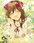  1girl ^_^ blush brown_hair casual closed_eyes commentary dated day dot_nose dress english_text facing_viewer flower foliage hair_between_eyes hair_ornament hairclip hand_to_own_face happy_birthday head_wreath heart kagerou_project leaf mekakucity_actors neck_ribbon no_scarf open_mouth otorigg outdoors pink_flower pink_rose purple_flower purple_rose red_ribbon red_trim ribbon rose short_sleeves smile solo upper_body white_dress 