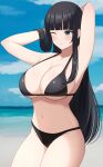  1girl aqua_eyes arms_behind_head arms_up bangs beach bikini black_bikini black_hair blue_sky blunt_bangs blush breasts closed_mouth cloud cowboy_shot day highres hime_cut ikaruga_(senran_kagura) large_breasts long_hair navel ocean one_eye_closed outdoors senran_kagura sky solo stomach straight_hair surippa1010 swimsuit thighs very_long_hair 