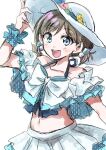  1girl blue_eyes bow brown_hair collarbone grey_bow grey_shirt grey_skirt halterneck hand_on_headwear hat looking_at_viewer love_live! love_live!_superstar!! low_twintails midriff navel off-shoulder_shirt off_shoulder open_mouth shirt short_hair short_twintails sketch skirt smile solo sun_hat tang_keke twintails unya white_background white_headwear 