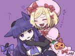  2girls animal_ears bangs black_dress black_gloves blonde_hair blue_bow blue_bowtie blue_hair blunt_bangs bow bowtie cat_ears cat_tail closed_eyes dress dress_bow elbow_gloves fang frederica_bernkastel gloves hat headpat lambdadelta long_hair multiple_girls pandakokkopanda pink_dress pink_headwear purple_eyes red_bow short_hair tail tail_bow tail_ornament umineko_no_naku_koro_ni 