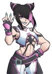  1girl abs black_hair bracelet breasts collar commentary cone_hair_bun double_bun english_commentary fingerless_gloves gloves green_nails grin hair_bun hair_over_one_eye han_juri hand_on_hip highres jewelry kermittend medium_breasts multicolored_hair muscular muscular_female pink_eyes pink_hair purple_lips smile solo spiked_bracelet spiked_collar spikes street_fighter street_fighter_6 two-tone_hair 