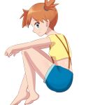  1girl barefoot blue_eyes breasts closed_mouth crossed_legs legs_together looking_at_viewer misty_(pokemon) navel orange_hair pokemon pokemon_(anime) short_hair shorts side_ponytail smile solo spiked_hair suspenders tan-san_mizu white_background 