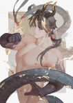  1boy abs arknights chinese_commentary chong_yue_(arknights) clenched_hand completely_nude dragon_boy dragon_horns dragon_tail ear_piercing fighting_stance horns long_hair looking_at_viewer male_focus multicolored_hair nude pectorals piercing pointy_ears red_eyes tail zzzi_gn 