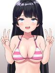  1girl ahegao bangs bare_arms bare_shoulders bikini black_hair blue_eyes blush braid breasts collarbone commission double_v gradient_background grey_background hair_ornament hairclip hands_up long_hair looking_away looking_up medium_breasts nijisanji pixiv_commission solo striped striped_bikini swimsuit tsukino_mito tsunaso_(lack_of_sunlight) upper_body v very_long_hair virtual_youtuber white_background 