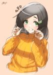  1girl ^^^ alternate_costume ayuman black_hair brown_background cropped_torso eyewear_removed green_eyes hair_ornament hairclip highres kantai_collection kuroshio_(kancolle) looking_at_viewer one-hour_drawing_challenge short_hair signature smile solo sweater upper_body yellow_sweater 