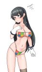  1girl absurdres agano_(kancolle) ass_visible_through_thighs bikini black_hair breasts contrapposto dated eyepatch_bikini gloves green_eyes grey_thighhighs highres kantai_collection large_breasts long_hair looking_back maru_(marg0613) multi-strapped_bikini multicolored_bikini multicolored_clothes one-hour_drawing_challenge simple_background single_thighhigh solo swimsuit thighhighs twitter_username white_background white_gloves 