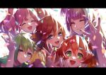  5girls ^_^ aoi_rokushou blue_eyes blue_hair blush closed_eyes freyja_wion green_hair green_nails hair_between_eyes highres kaname_buccaneer letterboxed macross macross_delta makina_nakajima mikumo_guynemer multicolored_hair multiple_girls one_eye_closed open_mouth orange_hair pink_hair pink_nails purple_eyes purple_hair purple_nails red_hair red_nails reina_prowler short_hair smile streaked_hair twintails v w walkure_(macross_delta) yellow_nails 