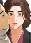  1boy 1girl black_eyes black_hair blush brown_eyes brown_hair emma_the_gentle_blade facial_hair hetero highres japanese_clothes kimono kiss kissing_cheek looking_at_viewer parted_lips photo-referenced sekiro sekiro:_shadows_die_twice simple_background ssanghwa_tang1 stubble white_background 