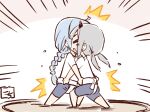  2girls =_= ^^^ ahoge artist_name assault_lily bangs blue_hair blue_shorts blunt_bangs braid braided_ponytail chibi commentary covered_face emphasis_lines from_side fujita_asagao full_body gochisousama_(tanin050) grey_hair hand_on_another&#039;s_hip heads_together horns igusa_subaru legs_apart long_hair low_ponytail low_twintails mawashi multiple_girls open_mouth pink_background profile red_horns shirt short_hair shorts single_braid standing sumo twintails two-tone_background v-shaped_eyebrows very_long_hair wavy_mouth white_background white_shirt 