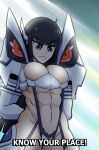  1girl abs absurdres arms_behind_back backlighting black_hair blue_eyes blunt_ends breasts cleavage commentary english_commentary english_text frown highres junketsu kermittend kill_la_kill kiryuuin_satsuki large_breasts long_hair muscular muscular_female revealing_clothes solo subtitled upper_body v-shaped_eyebrows 