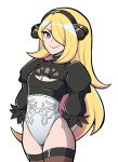  1girl absurdres arms_behind_back black_hairband blonde_hair breasts cleavage cleavage_cutout clothing_cutout commentary cosplay cowboy_shot cynthia_(pokemon) english_commentary eyebrows_hidden_by_hair grey_eyes hair_over_one_eye hairband highres kermittend leotard long_hair nier_(series) nier_automata pokemon pokemon_(game) pokemon_dppt small_breasts solo thighhighs very_long_hair yorha_no._2_type_b yorha_no._2_type_b_(cosplay) 