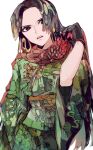  1girl absurdres black_hair boa_hancock breasts casual cowboy_shot earrings green_kimono highres japanese_clothes jewelry kimono long_hair looking_at_viewer one_piece patterned_clothing patterned_hair red_scarf scarf snake_earrings solo yadu_nadu 