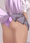  1girl ass ass_focus aurora_(kanachirou) breasts clothes_lift dark-skinned_female dark_skin fox_girl fox_tail grey_background highres kanachirou large_breasts lifted_by_tail long_hair microskirt original panties pantyshot pink_hair purple_panties school_uniform shirt simple_background sketch skirt skirt_lift solo tail thighs twitter_username underwear very_long_hair white_shirt 