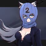  1girl animal_ear_fluff animal_ears balaclava black_dress blue_archive blue_eyes blue_mask breasts chromatic_aberration cleavage closed_mouth cross_hair_ornament dress earrings grey_hair hair_between_eyes hair_ornament halo highres jewelry letterboxed long_hair looking_at_viewer m_r_b mismatched_pupils shiroko_(blue_archive) shiroko_(terror)_(blue_archive) simple_background sketch solo stud_earrings upper_body wolf_ears 