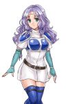  1girl aqua_gloves armor blue_thighhighs commentary_request dress elbow_gloves feet_out_of_frame fingerless_gloves fire_emblem fire_emblem:_the_blazing_blade florina_(fire_emblem) gloves green_eyes hazuki_(nyorosuke) long_hair looking_at_viewer pauldrons purple_hair short_dress shoulder_armor simple_background smile solo standing thighhighs thighs white_background white_dress 